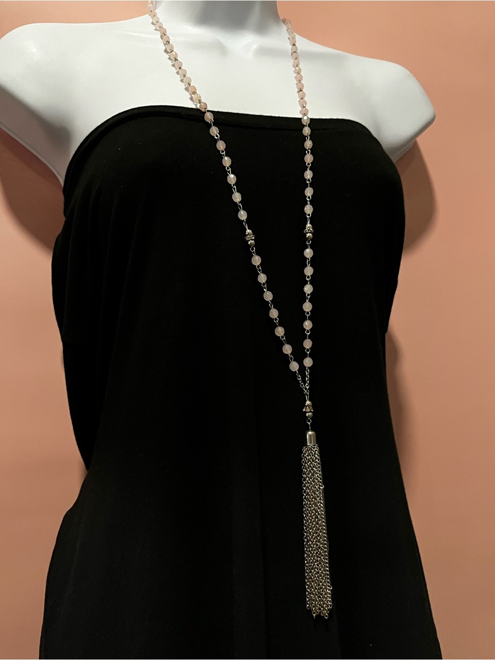 Long Pink Beaded Tassel Necklace - Silver & Pale Pink Beads